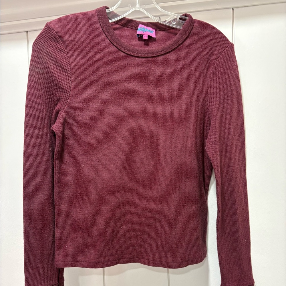 edikted Womens Waffle Knit Crew Long Sleeve Shirt Thumb Holes Burgundy Large